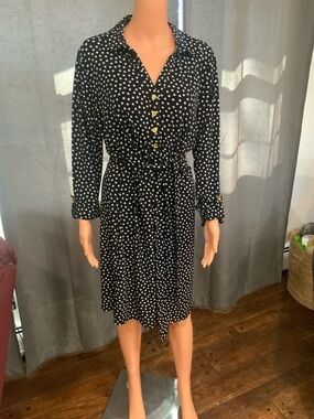 Classic Black Polka Dot Shirt Dress with Tie Waist